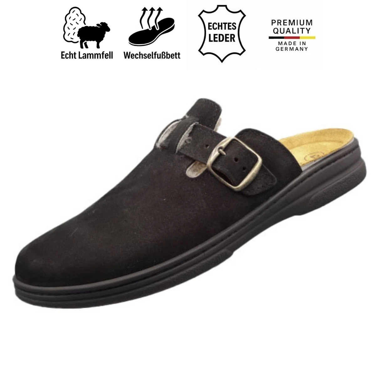 Algemare Herren Pantolette 8748 Lammfell Leder bequem Hausschuh Schnalle 40-47