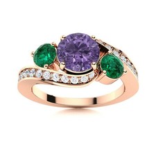 925 Sterling Silver Rose Plated Round Amethyst  Emerald Three Stone Women Ring