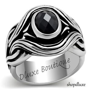 MEN'S JET BLACK OVAL CUT CZ SILVER STAINLESS STEEL GOTHIC BIKER RING SIZE 8-13