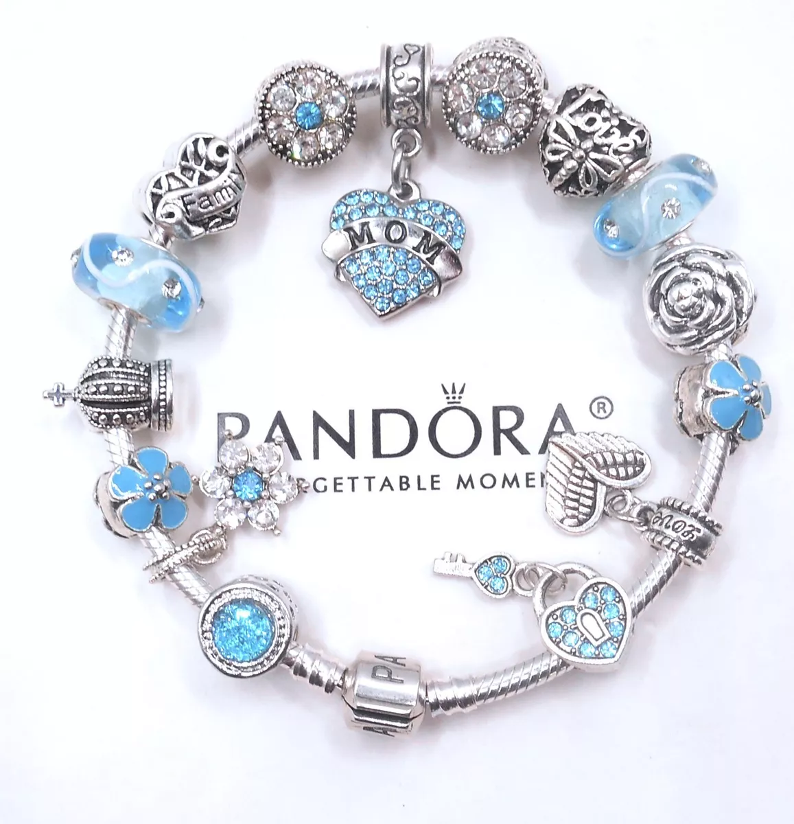 PANDORA SILVER BRACELET MOM FAMILY LOVE HEART BLUE EUROPEAN CHARMS