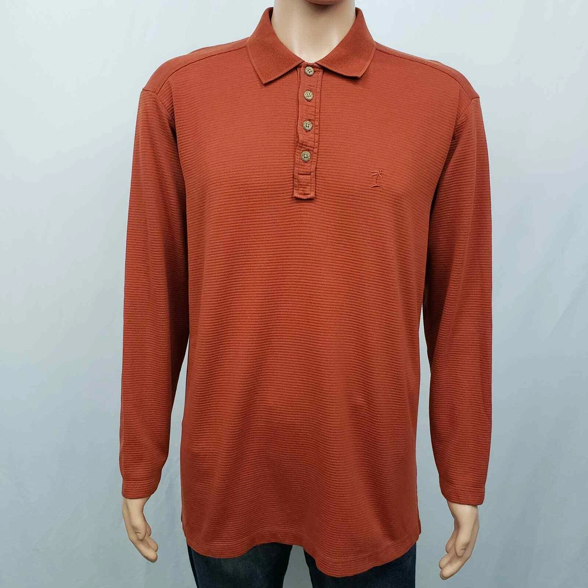 TOMMY BAHAMA Polo Shirt Pima Cotton Rust Burnt Orange Textured Long Sleeve  L