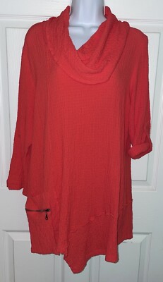 Ali Miles Sz Large Red Asymmetrical Gauzy Cowl Neck Pullover Tunic Top EUC