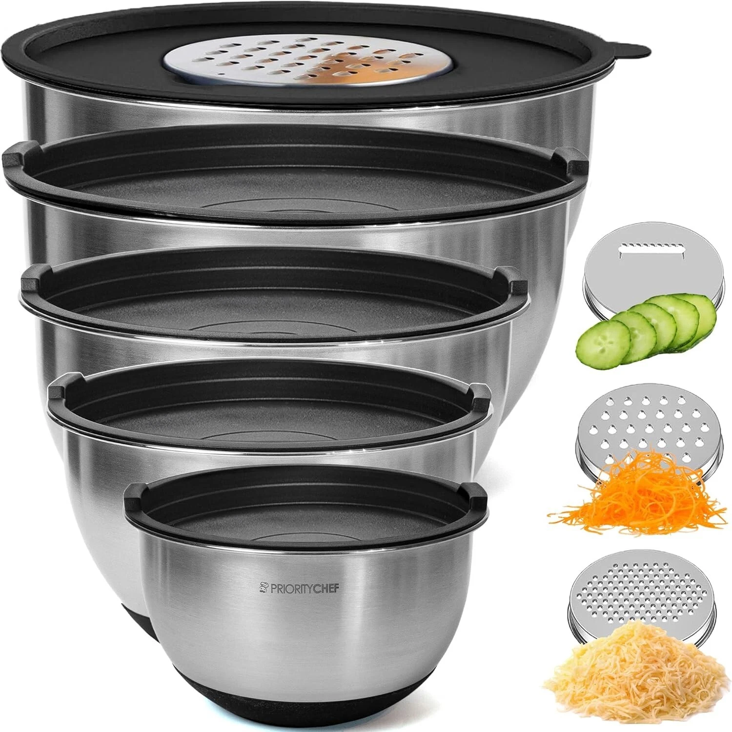 New Stacking Stainless Steel 5 Mixing Bowls with Lids Set, 3 Grater Attachments
Opens in a new windo