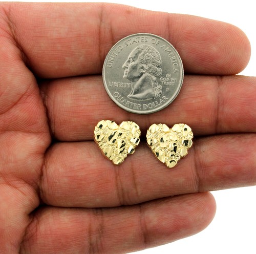 Men's Women's Kid's 10K Solid Yellow Gold Diamond Cut Heart Nugget Stud Earrings - Picture 2 of 9