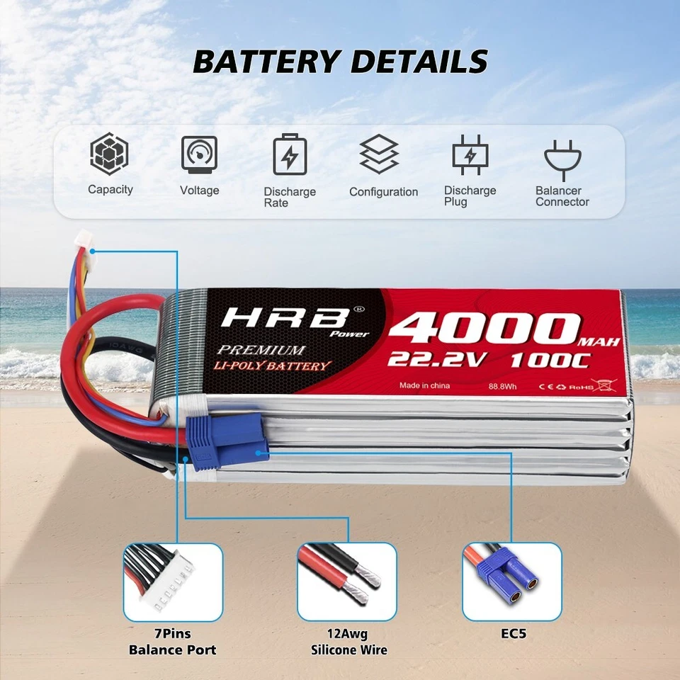 2x Batería HRB 6S 4000mAh 100C Lipo 22.2V EC5 para RC Drone Helicóptero Barco Camión Foto 3 de 4
