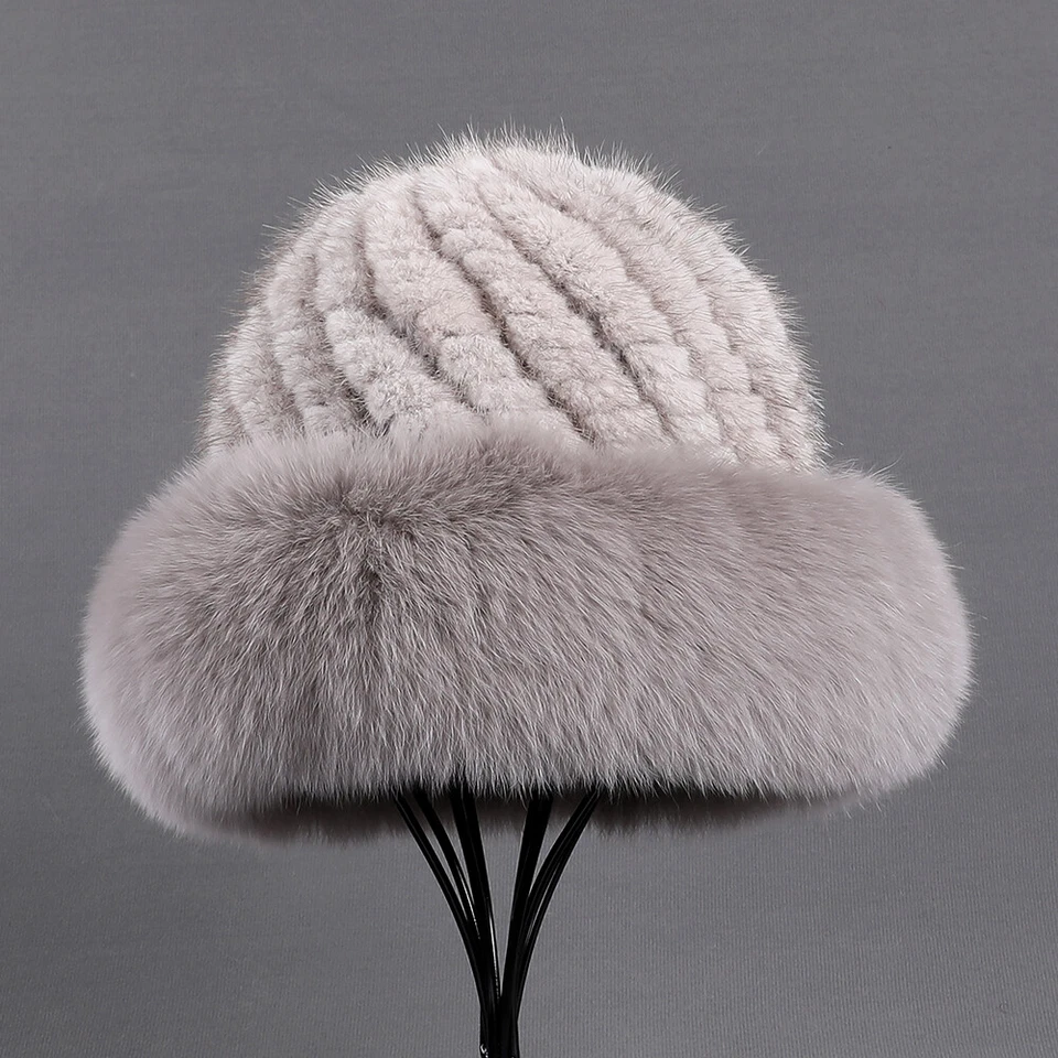 Women's Luxury Genuine Mink Hair Knitted Beanie Hat Fox Brim Winter Warm Cap - Image 2 of 4