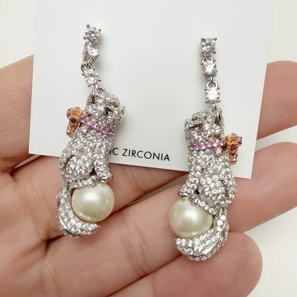 Brincos lineares Kate Spade Pawlina gato com laço rosa strass pérola falsa NOVO - Imagem 3 de 4