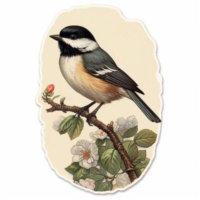 Massachusetts Black-capped Chickadee bird Mayflower flower  Vinyl Decal Sticker 
