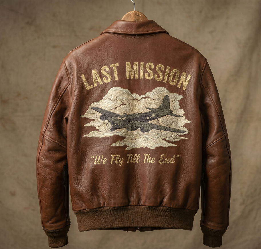 WW2 A2 Brown Leather Bomber Jacket Last Mission Squadron Flight