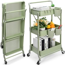 Foldable 3 Tier Rolling Cart, Metal Utility Cart, Folding Mobile Multi-Functi...