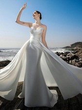 Sophisticated Strapless Pleated Satin A-Line Train Silhouette Wedding Gown
