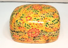 Vintage Kashmir India Laquer Hand Painted Paper Mache Trinket Box Florals