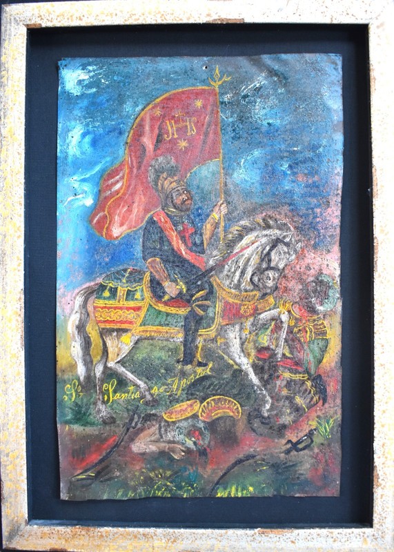 Antique 19th C. Spanish Colonial Painting/ Retablo - Santiago