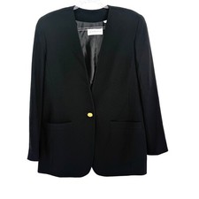 Liz Claiborne Collection Black Collarless Blazer Gold Button V-Neck Sz 8