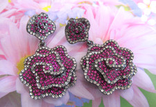 Beautiful Layered Rose FLOWERS Petals PURPLE Crystal Pierced Dangle EARRINGS NWT
