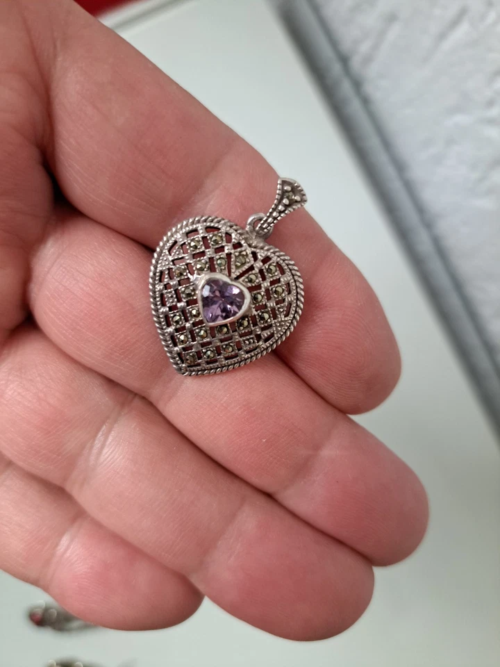 Molto Bello, Vecchio Ciondolo, 925 Argento Con Ametiste E Marcasite - Immagine 4 di 4