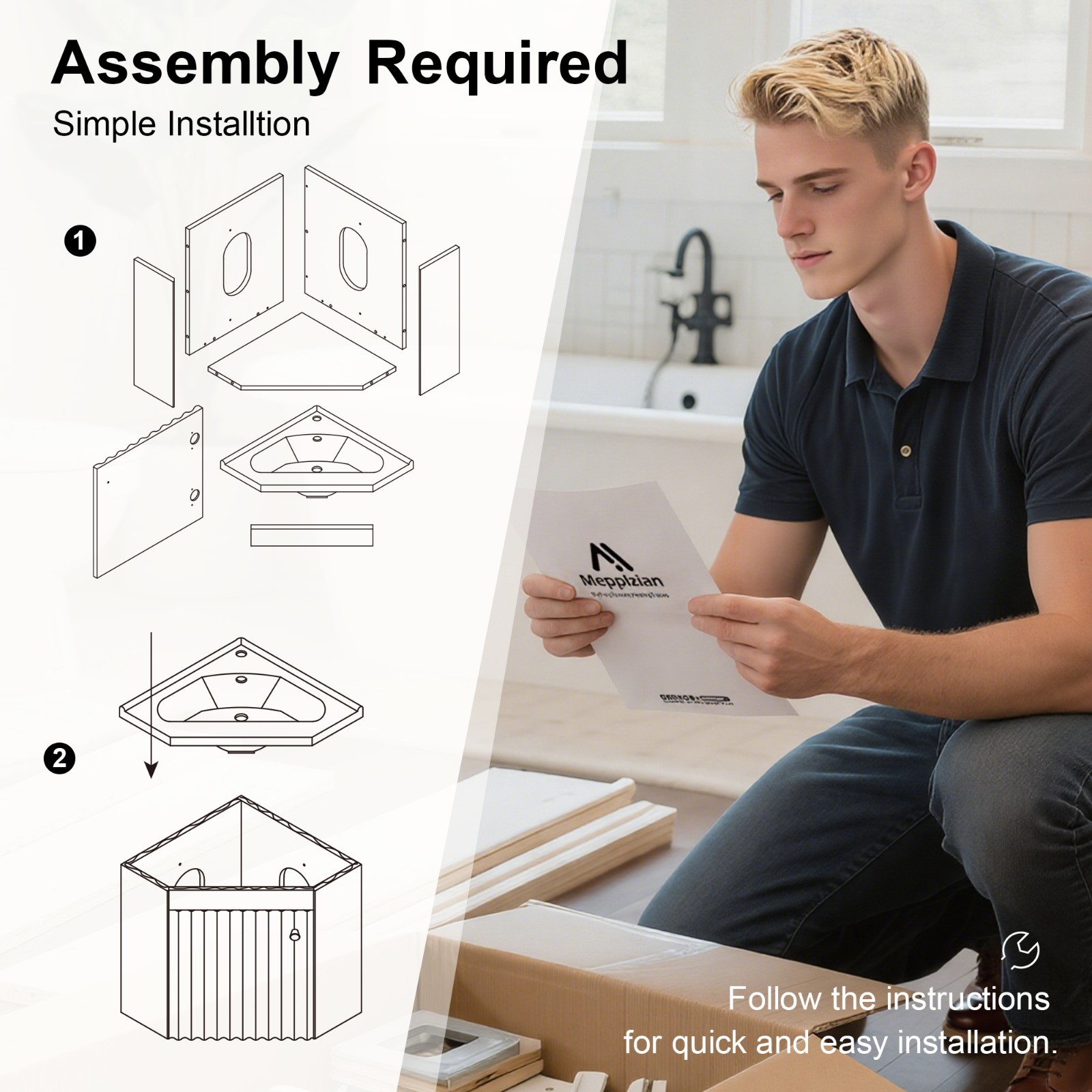 Corner Bathroom Vanity Sink Wall Mounted Combo for Small Space White Ceramic Top