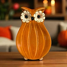 Cracker Barrel 7” Owl Pumpkin Spoon Rest or Wall Decor Pottery Orange Big Eyes