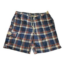 Mens Chaps Plaid Swimsuit Swim Trunks Orange White Blue Lined With Pockets XL