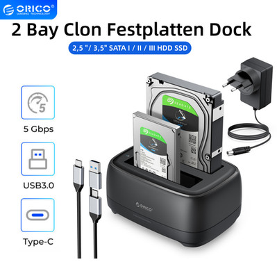 ORICO 2 Bay Clon Festplatten Dock USB3.0 Typ C Duplikator 2,5/3,5'' HDD SSD 40TB