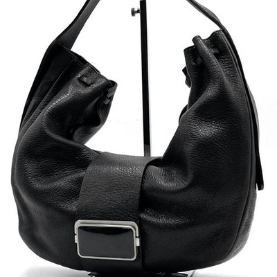 Auth Giorgio Armani Black Leather Shoulder Bag Large Buckle Italy Made Y2K Style