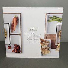 NIB JCP Home 5 White Porcelain Divided Servers W/ Bamboo Tray 13.9x14.9x.5&rdquo;