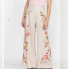Johnny Was Linen Embroidered Wide Leg Pants  Floral Boho Resort Trousers Sz L