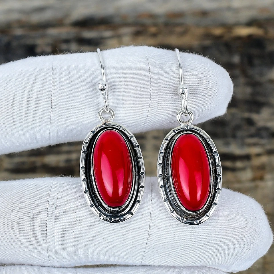 Naturale Corallo Rosso Gemma Artigianale 925 Argento Sterling Gioielli Orecchini - Immagine 3 di 4