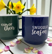 2PK STACKABLE MUG SET - HOLIDAY SNUGGLE SEASON BLUE/ GREEN CUP OF CHEER 12OZ.