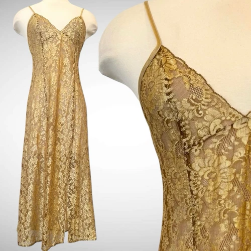 UNDERCOVER Maxi abito slip anni 90 Victoria’s Secret oro metallizzato pizzo trasparente vintage M
