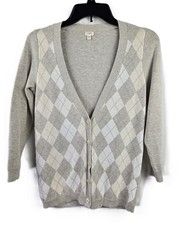 J Crew Gray Argyle 3/4 sleeves V Neck button Cardigan Sweater Size XS