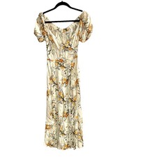 Reformation Pearl Dress Aurora Floral Cream Ivory Orange Gold Puff Sleeve Midi 2
