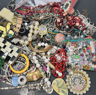5LB Scrap Junk Drawer Lot Jewelry Odds Ends Wear Repair crafts Vtg-Now Etc AS IS