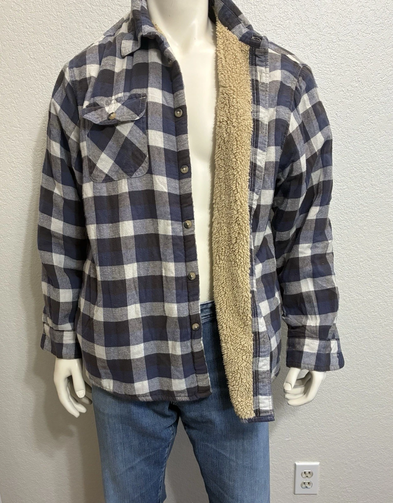 y2k Men’s XL Wrangler Sherpa Lined Blue Plaid Vintage Shirt Jacket ,Retro,Warm