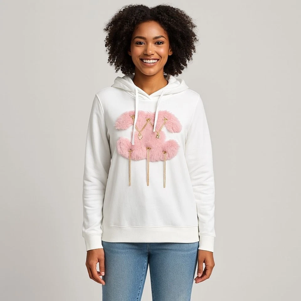 Linda sudadera con capucha Y2K Coquette blanca rosa cadena de piel sintética gato Manley estética Foto 4 de 4