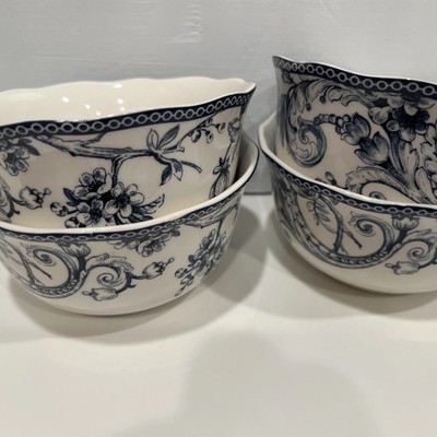 Set of Four 222 Fifth Adelaide Blue and White Birds Cereal / Soup Bowls