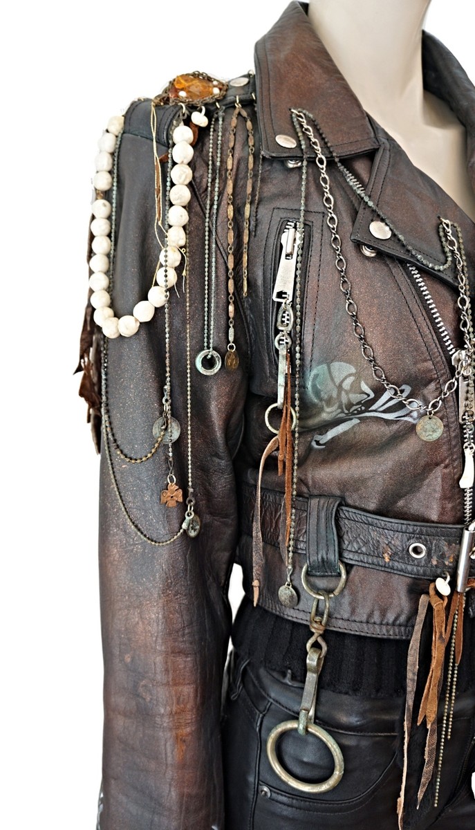 VINTAGE 80s Upcycled LEATHER BIKER Jacket Paint Chains Stencil 