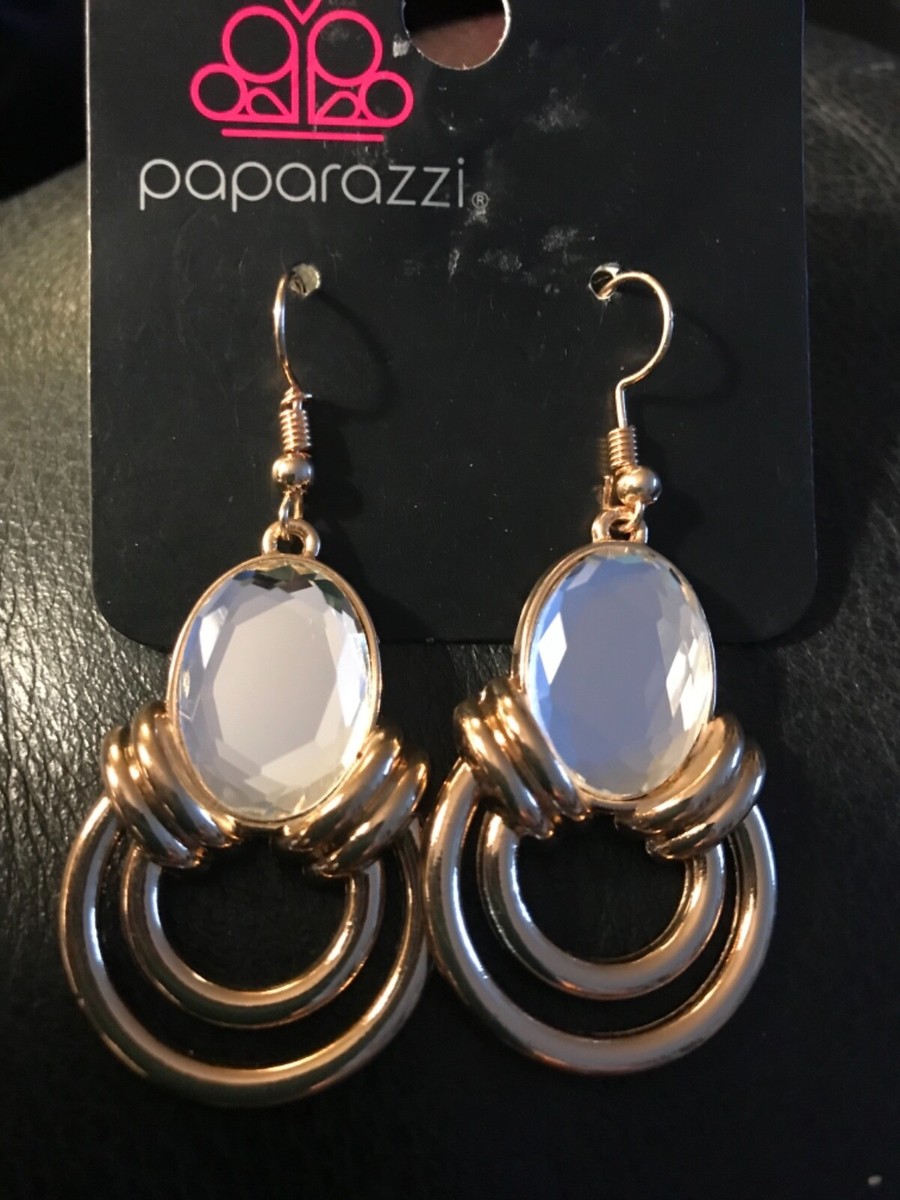 PAPARAZZI WHITE GEM GOLD TONE FRAME, DANGLE EARRINGS
