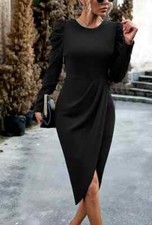 Tubino Vestito Abito Donna Elegante Manica Lunga Nero Slim Maglia 80032