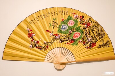 Large 64*35.5 Inch Oriental Wall Hanging Folding Fan with Plum and Peony Flower