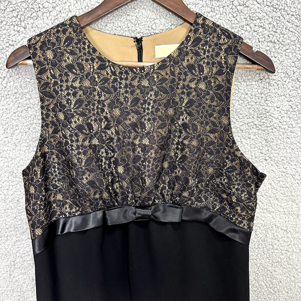 Vestido Michael Kors 12 Negro Dorado Encaje Funda Satén Cintura Silencioso Lujo Elegante Foto 3 de 4