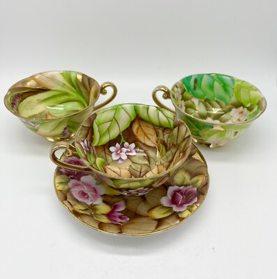 RARE!  Vintage 4 Pc Set Teacups and Saucer Occupied Japan Flowers Asian Oriental