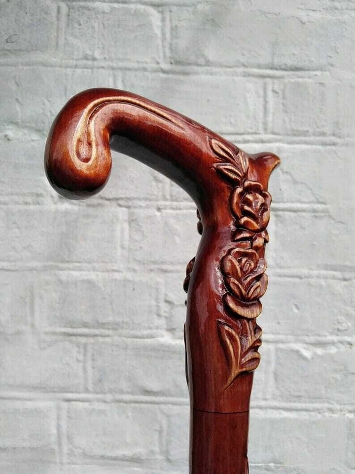Roses Engraved Full Wood Cane Woman Design Hand Carved Walking Stick With Cane - Image 3 of 4
