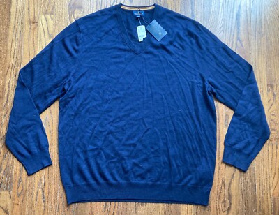 NWT Brooks Brothers Mens Extra Fine Merino Wool Sweater Sz 2XL V Neck Navy Blue