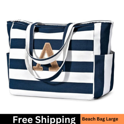 Large Waterproof Canvas Beach Tote Bag - Personalized Initial Design Travel & B