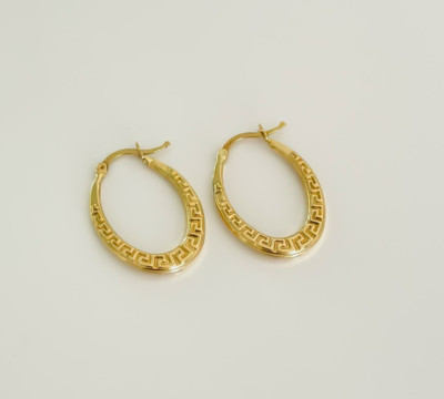 14 Karat massiv Gold griechische Creolen, Mäander Ohrringe, griechischer Schlüssel, echt 585 Gelbgold
