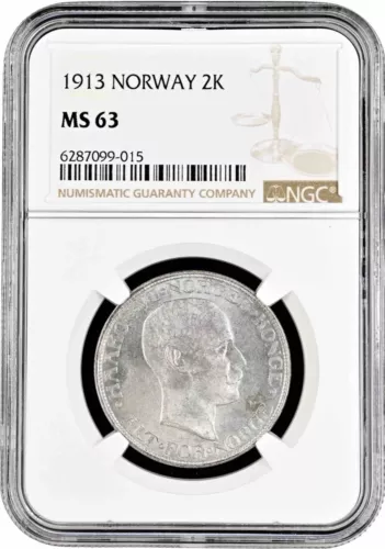 Norway 2 kroner 1913, NGC MS63, "King Haakon VII (1906 - 1957)" silver coin