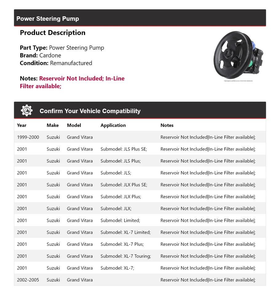 Bomba de dirección asistida Cardone 2000 2001 2002 para Suzuki Grand Vitara 1999-2005 Foto 2 de 4
