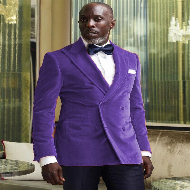 Fashion Men Velvet Suits Peak Lapel Double Breasted Tuxedos Wedding Prom Blazer - Image 3 of 4