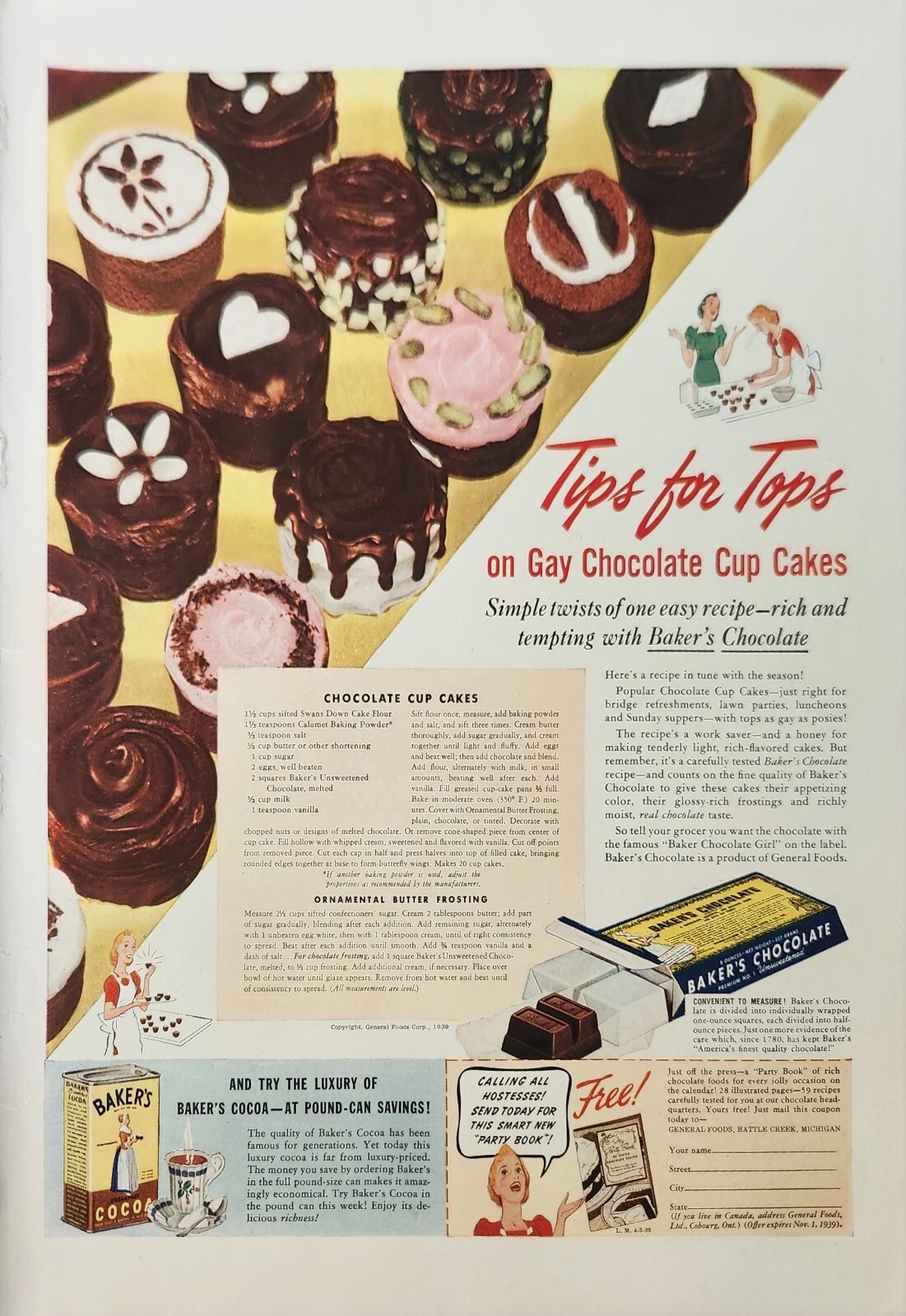 1939 Bakers Chocolate Fudge Vintage Ad tips for tops